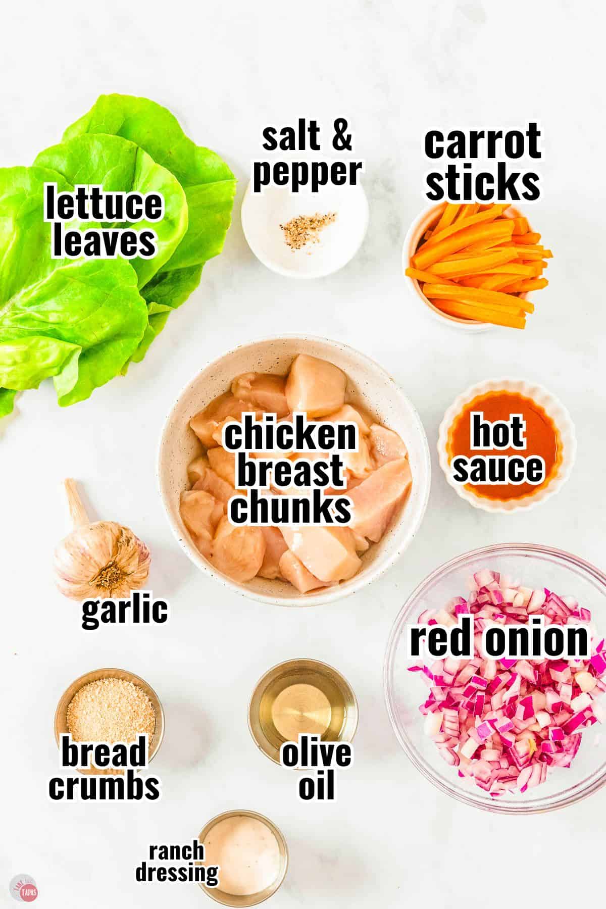 labeled ingredients for buffalo chicken lettuce wraps