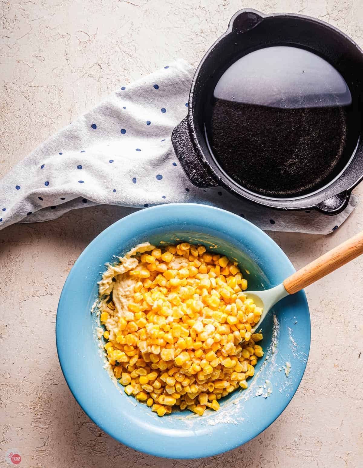 blue bowl with corn in it