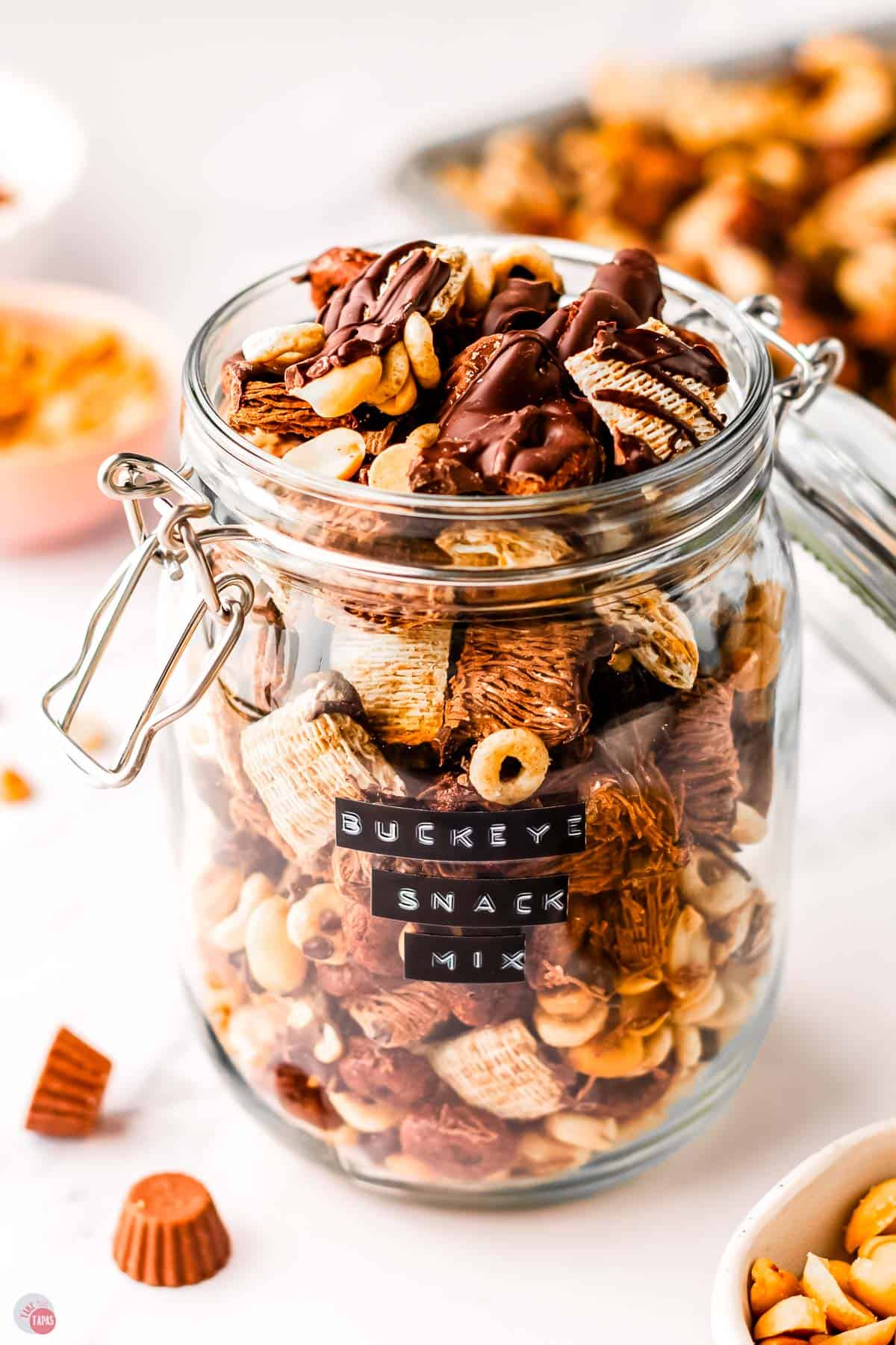 buckeye snack mix in a jar