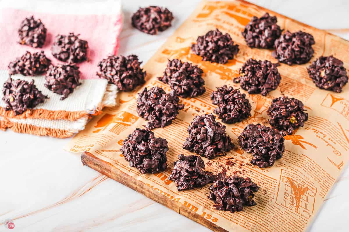 parchment paper topped with snacky clusters cooling