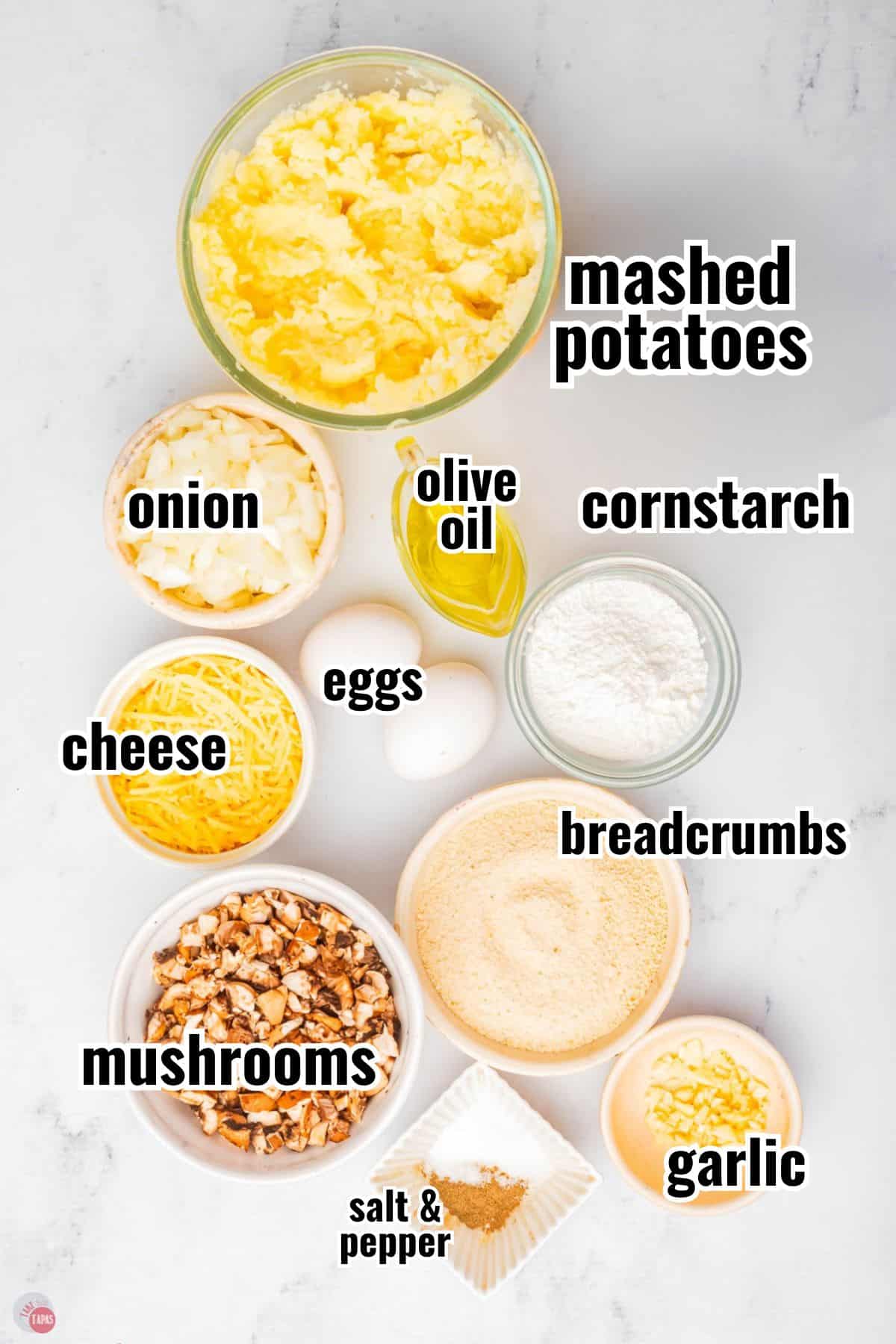 labeled ingredients for potato croquettes with mushrooms