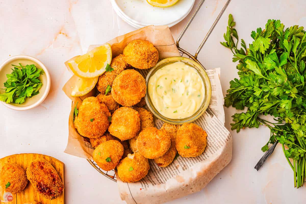 overhead picture of basket of mushroom croquettes