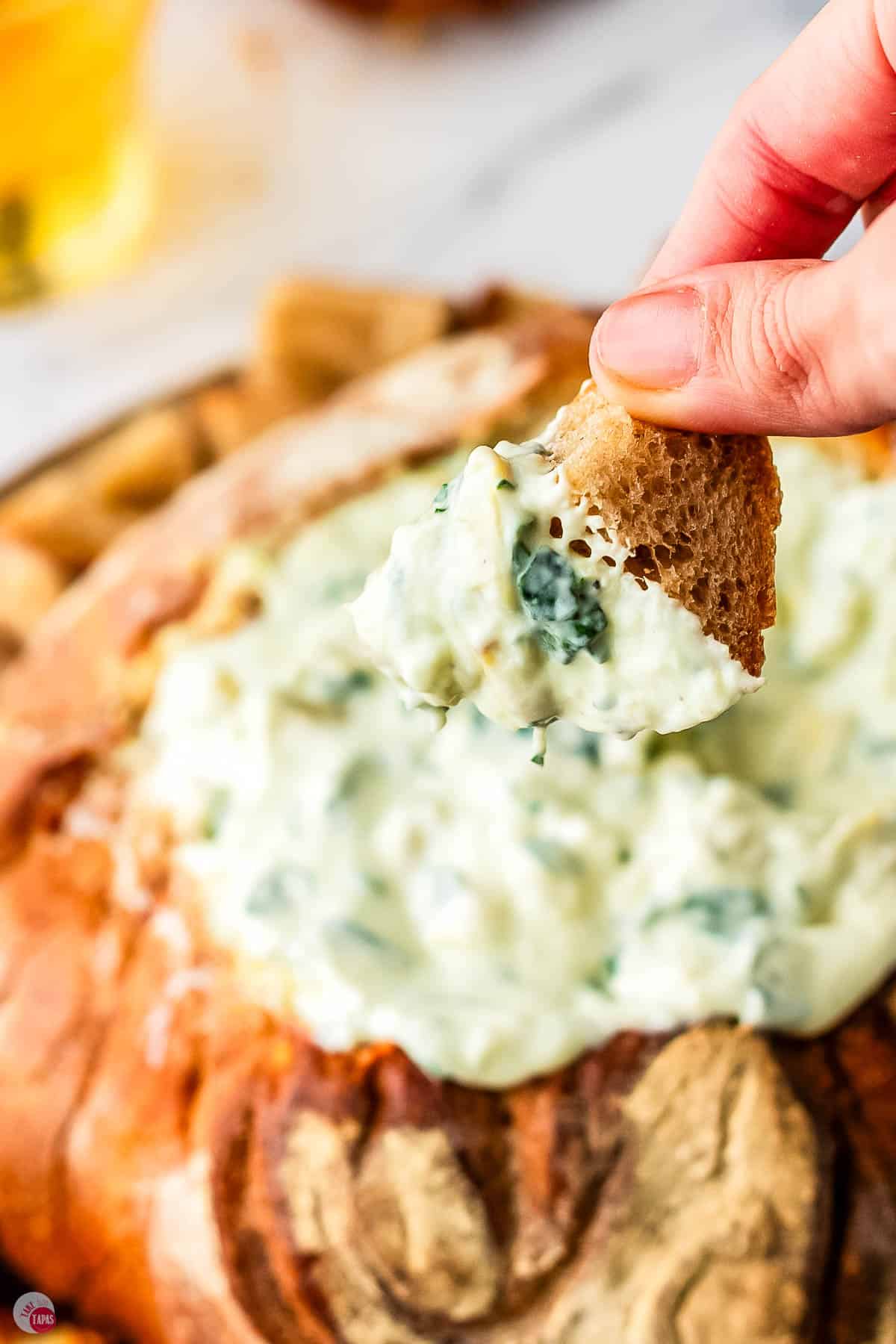 hand holding a chunk of bread that was dunked in dip