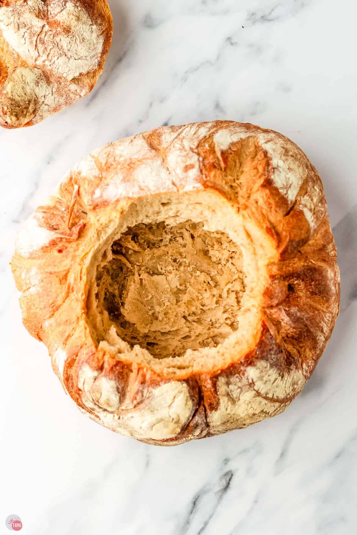 bread boule cut into a bowl