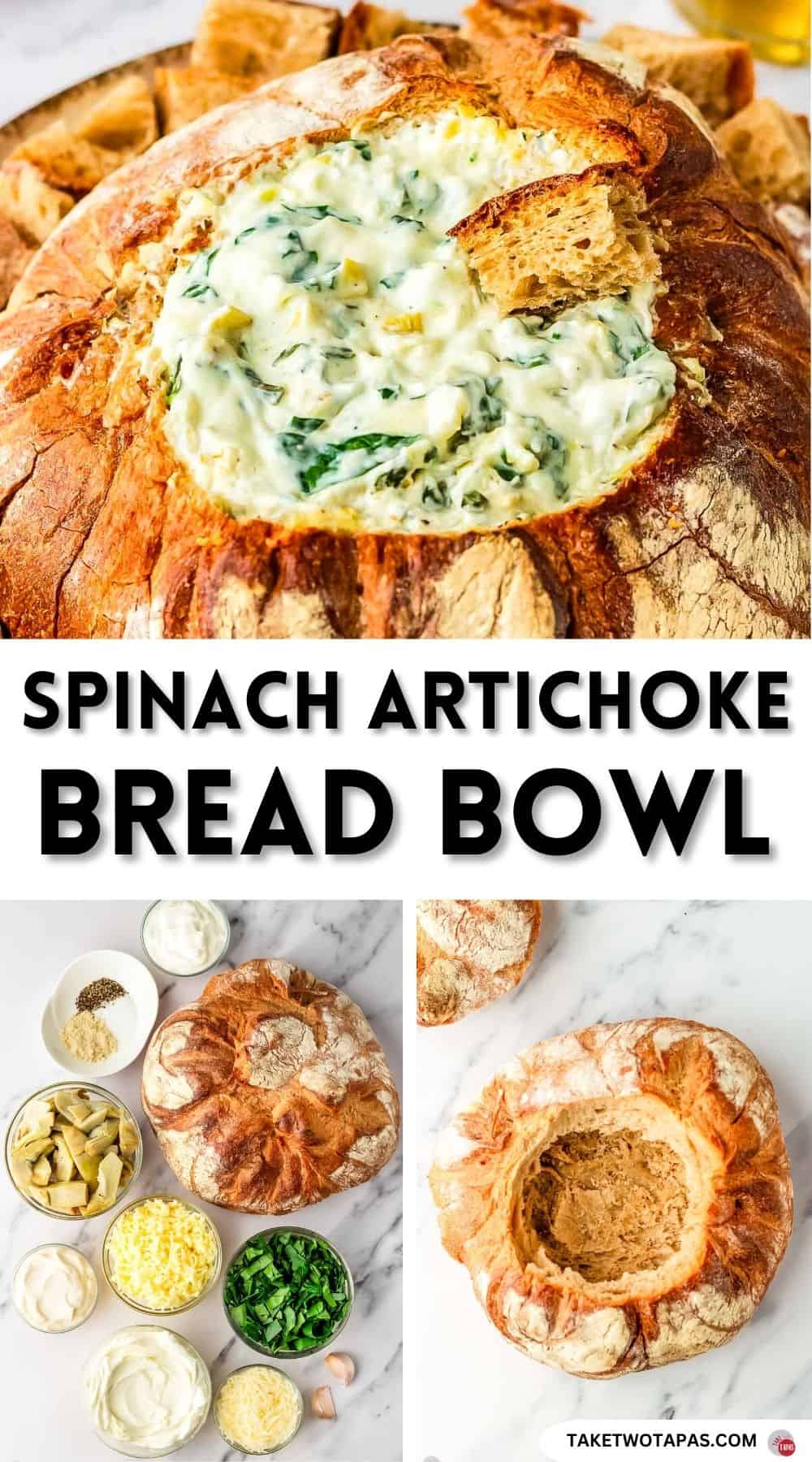 pinterest pin image for spinach artichoke bread bowl dip